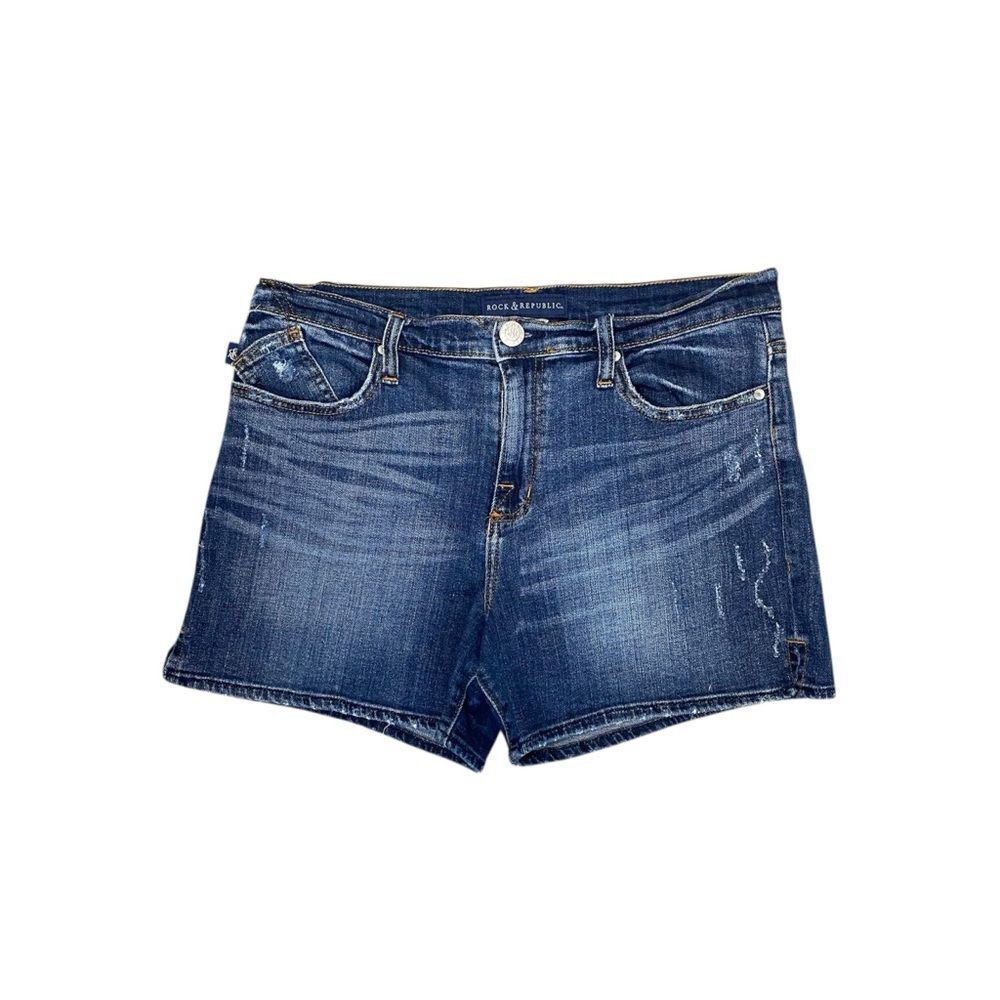Rock & Republic Denim Shorts Size 12 Kimber Distressed Blue Jean Shorts Mid Rise
